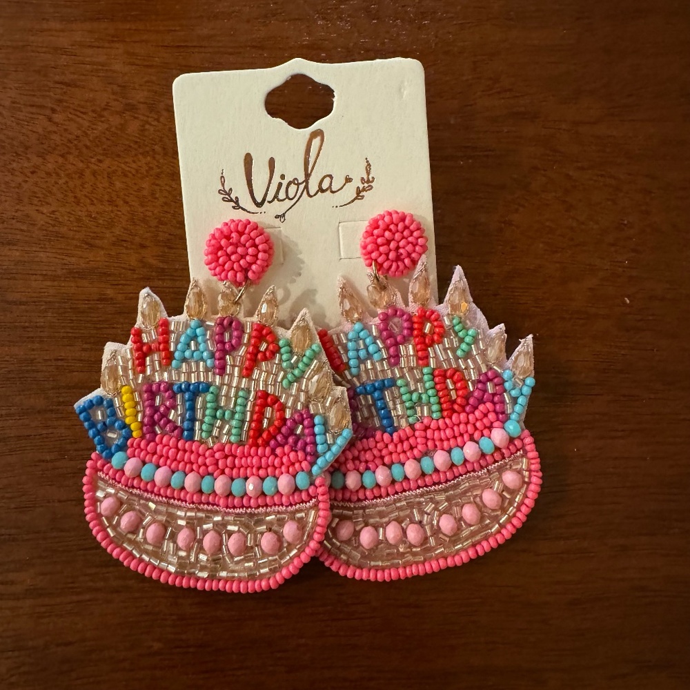 Happy Birthday Beaded Dangle Earrings